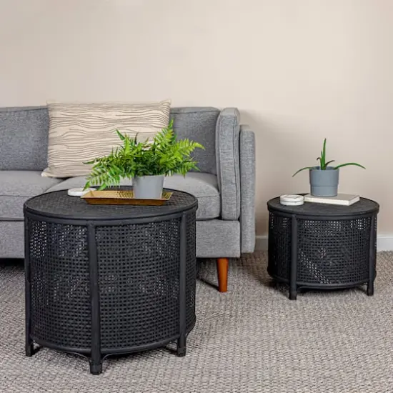 Hello Honey&reg; Round Bamboo & Rattan Accent Table Black {3}