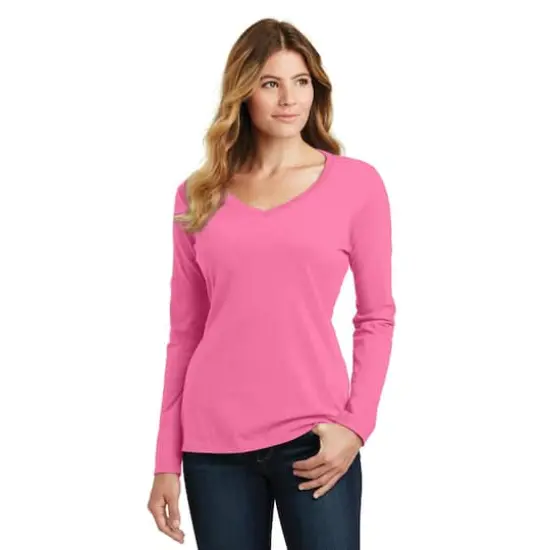 Port & Company&reg; Fan Favorite&trade; Colors Long Sleeve Ladies V-Neck T-Shirt New Pink {4}