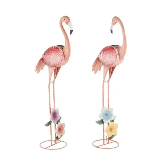 46" Tall Floral & Shimmer Pink Metal Flamingo Garden Sculpture Set {7}