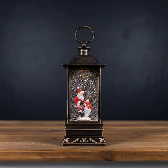 10.5" LED Snow Globe Lantern with Santa and Snowman {3}