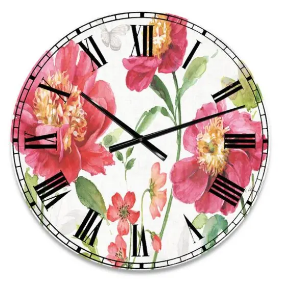 Designart 'Red Springflowers And Handpainted Butterfly Traditional Wall Clock {1}