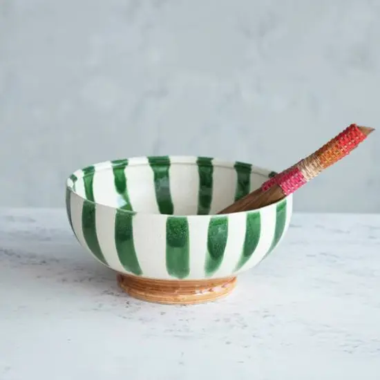 Hello Honey&reg; 10.5" Round Hand-Painted Stoneware Footed Bowl with Stripes & Reactive Glaze {6}