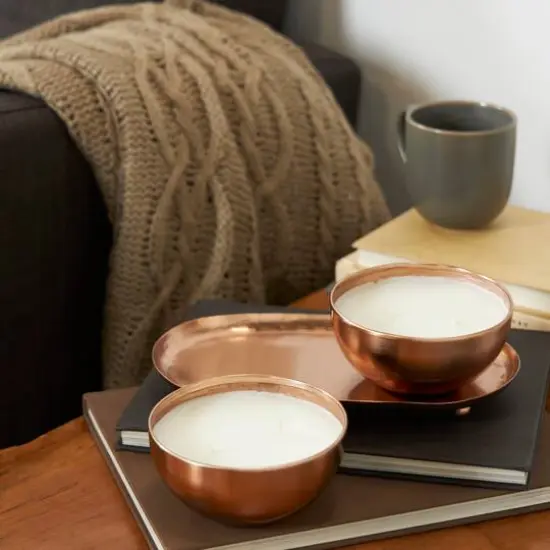 12oz. 2-Wick White Wax Tropical Breeze Scented Candle with Copper Container Bowls and Thin Oval Holding Tray Set {8}