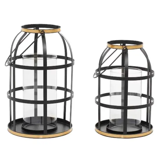 Set of 2" Black Metal Industrial Lantern , 14", 12" {3}