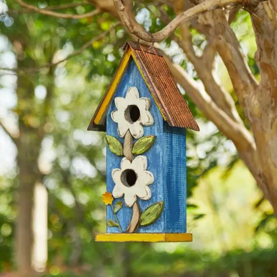 Glitzhome&reg; 13.75" Distressed Flower Birdhouse Blue {3}