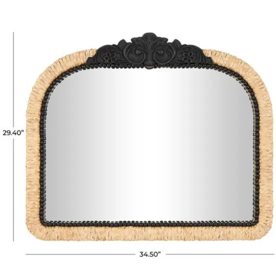 35" Brown & Black Woven Floral Rattan Wall Mirror with Beaded Detailing {9}