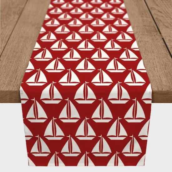 Sailboats Indoor/Outdoor Table Runner White on Red {4}