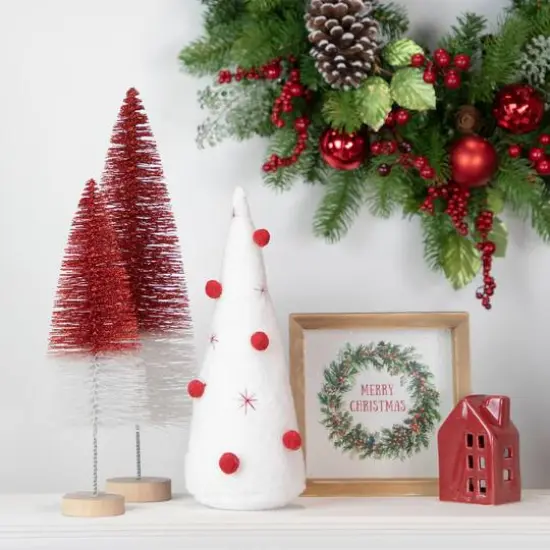 12" White Plush Christmas Cone Tree with Red Pompom Ornaments {6}