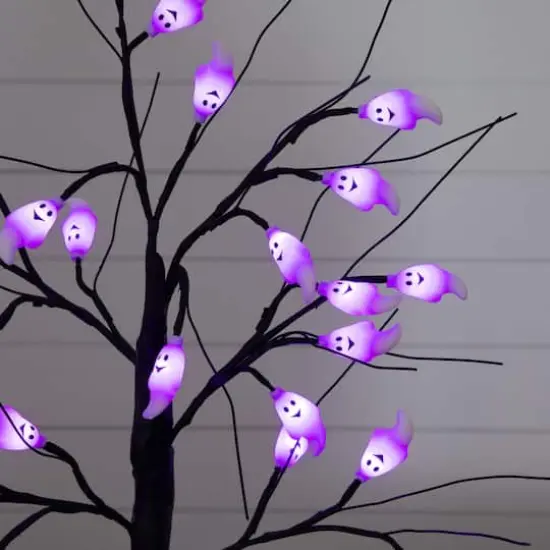 2ft. Pre-Lit Artificial Halloween Ghost Twig Tree with 24 Purple LED Lights {5}