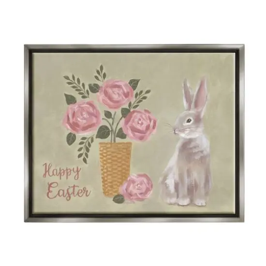 Stupell Industries Happy Easter Bunny Rose Bouquet Floater Framed Art Gray {1}