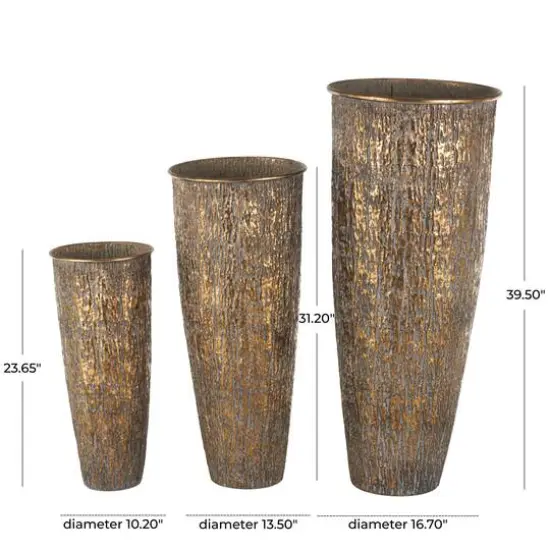 Brass Metal Abstract Tapered Textured Floor Decorative Vase with Gray Backing Set {8}
