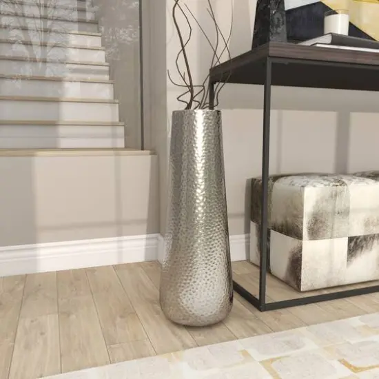 25" Silver Aluminum Tall Hammered Vase {12}