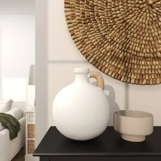 11" White Ceramic Jug Inspired Vase with Rattan Wrapped Handle {10}