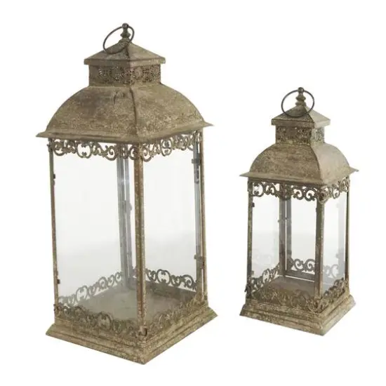 Brown Distressed Metal Candle Lantern Set {7}