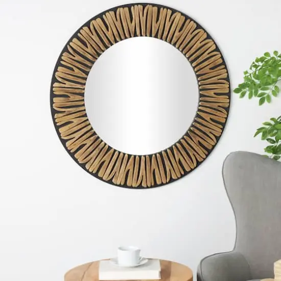 36" Black & Golden Handmade Abstract Carved Wooden Wall Mirror {3}