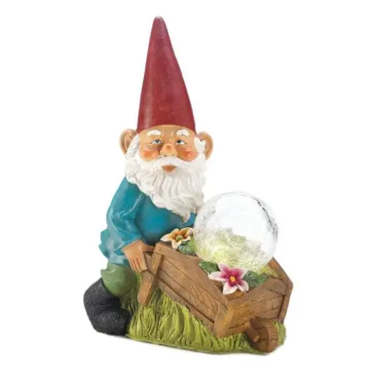 11.75" Gnome with Wheel Barrow Solar Statue {5}