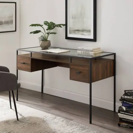 Walker Edison 56" Dark Walnut 2 Drawer Glass Top Desk {5}