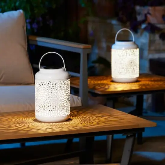 Glitzhome&reg; 8.75" Metal Cutout Solar Powered Hanging Lantern Set White {4}