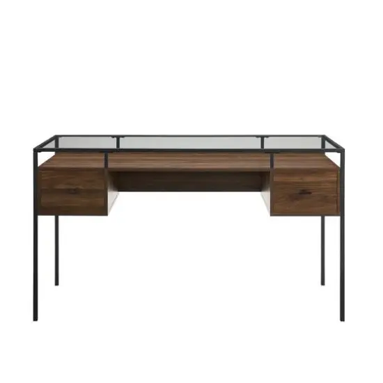 Walker Edison 56" Dark Walnut 2 Drawer Glass Top Desk {3}