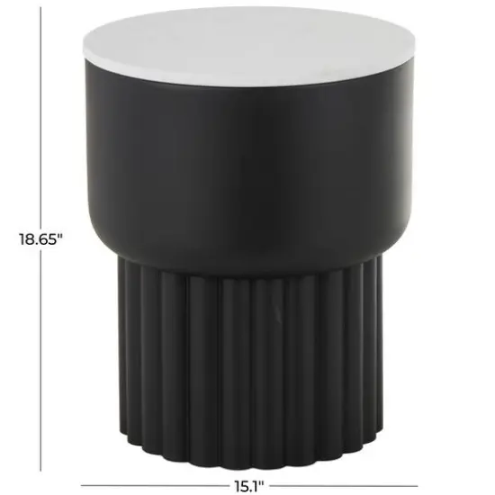 18.75" Black Metal Ribbed Side End Accent Table with White Marble Tabletop {13}