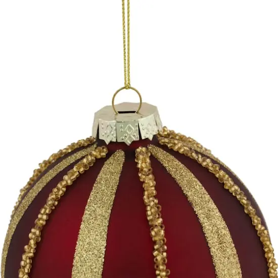 2ct. 4" Burgundy and Gold Striped Beaded Christmas Glass Ball Ornaments {6}