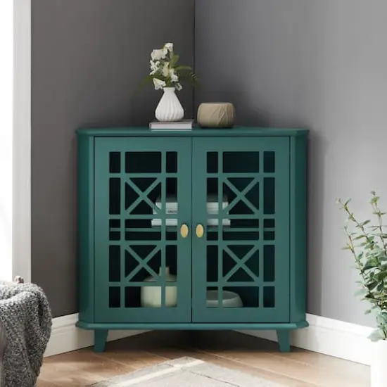 Walker Edison 30" Dark Teal Fretwork Corner Accent Cabinet {6}