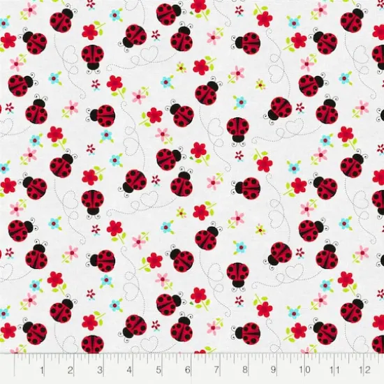 Fabric Editions White Ladybug Journey Cotton Fabric {3}