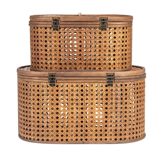 Hello Honey&reg; Modern Decorative Oval Woven Rattan Storage Box Set Dark Brown {9}