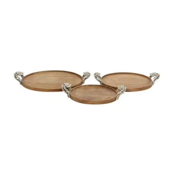 Brown Round Mango Wood Farmhouse Tray Set {1}