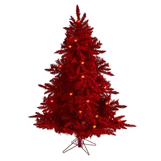 5ft. Pre-Lit Red Flocked Fraser Fir Artificial Christmas Tree with Red Lights {1}