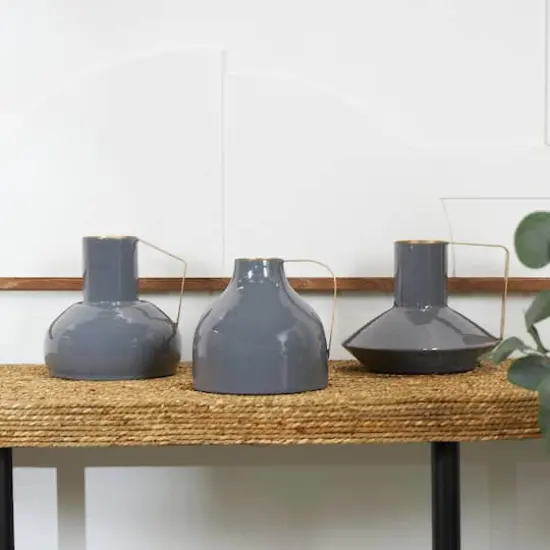 CosmoLiving by Cosmopolitan Blue Metal Abstract Enameled Vase with Geometric Gold Handle Set {15}