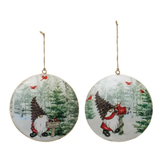 6" Gnome Cardinal Forest Metal Disc Ornaments Set {3}