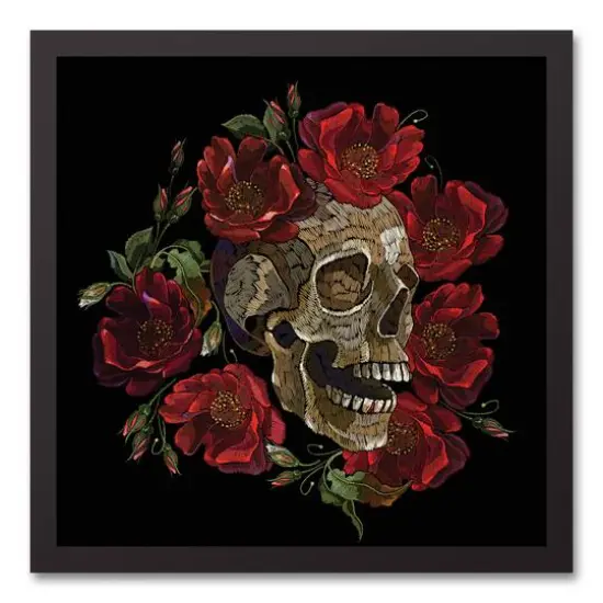 Skull with Floral Crown Black Framed Canvas Wall Art {1}
