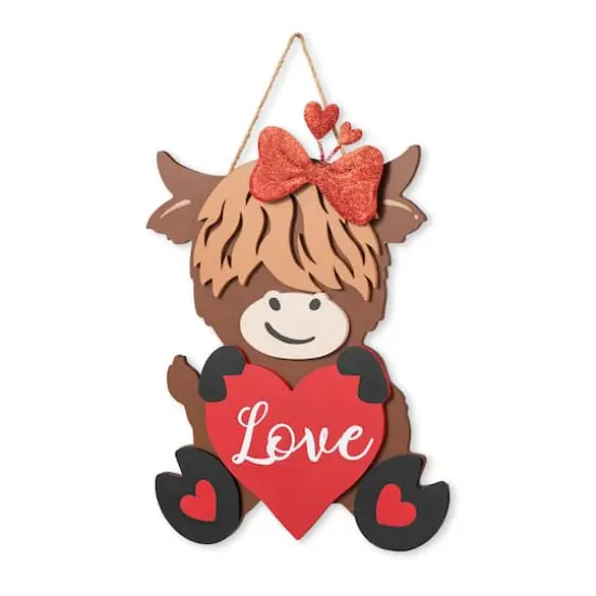 Glitzhome&reg; 18" Valentine's Wooden Highland Cow Door Hanger {1}
