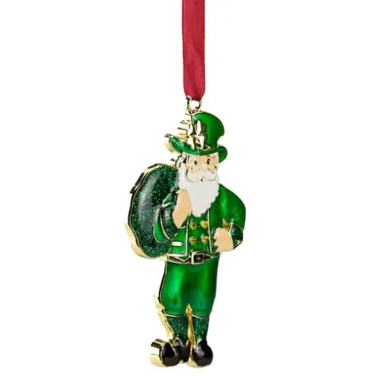 3.5" Green Brass-Plated Irish Santa Christmas Ornament with European Crystals {5}