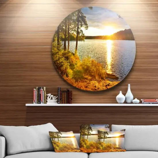 Designart - Beautiful View of Sunset over Lake' Disc Landscape Metal Circle Wall Art {3}