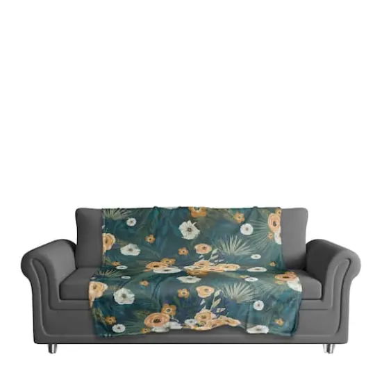 Tropical Floral Coral Fleece Blanket Teal {4}