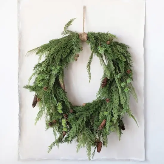 Hello Honey® 31" Faux Pine Wreath with Pinecones & Wrapped Jute Hanger {3}