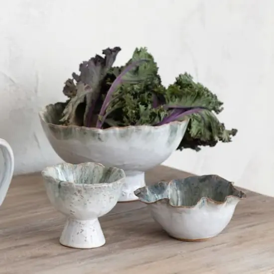 Hello Honey&reg; 4.25" Green & Brown Stoneware Footed Bowl with Speckled Glaze {4}