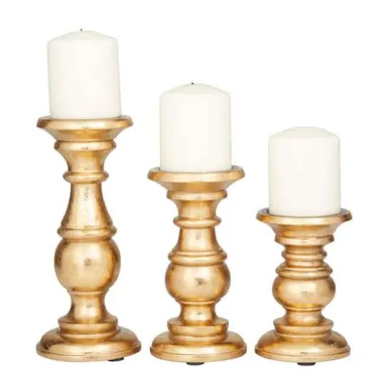 Mango Wood Traditional Candle Holder Set Gold {1}