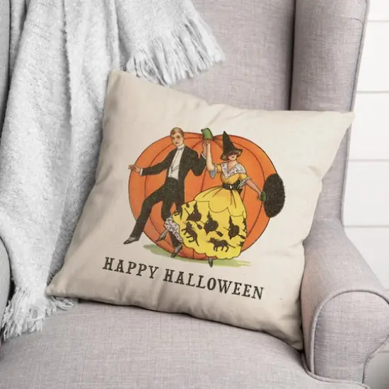 Happy Halloween Linen Couple Throw Pillow {3}