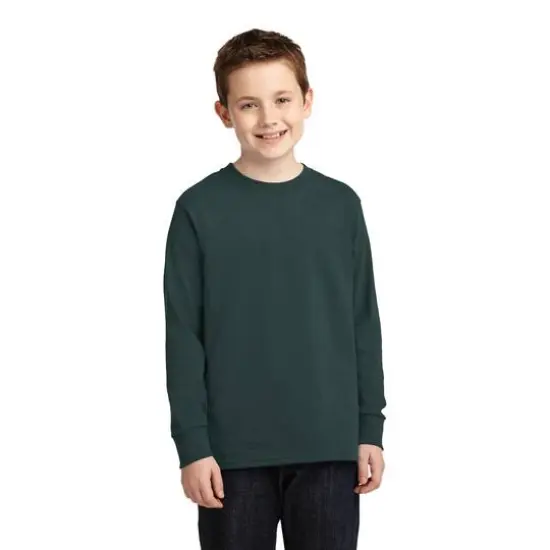 Port & Company&reg; Youth Long Sleeve Core Cotton T-Shirt Dark Green {3}