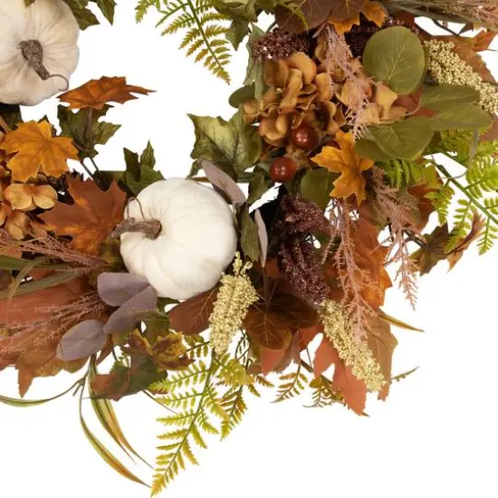 26" White Pumpkins & Leaves Fall Harvest Wreath {6}