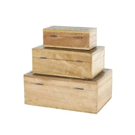 Brown Handmade Storage Box Set with Black Tribal Carvings & Gold Accents {8}