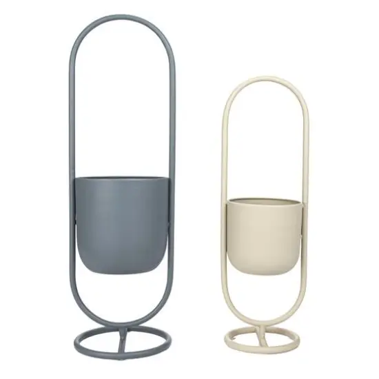 Hello Honey&reg; Matte Gray & Sand Metal Floor Planter Set Hanging on Stands {7}