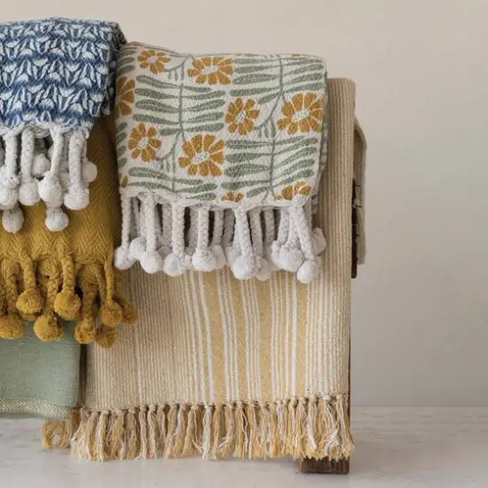 Hello Honey&reg; Woven Recycled Cotton Blend Printed Throw with Flowers and Braided Pom Pom Tassels, Sage and Mustard {5}