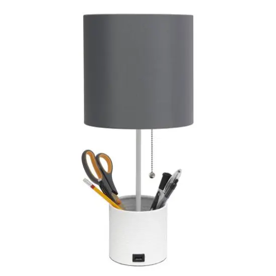 Simple Designs 18.5" Hammered Metal Container Base Table Lamp with USB Charging Port Gray/White {8}