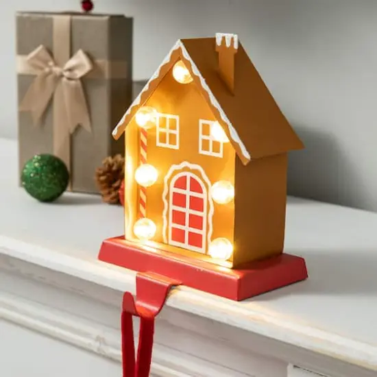 Glitzhome&reg; 6.75'' Marquee LED Gingerbread House Metal Christmas Stocking Holder {3}
