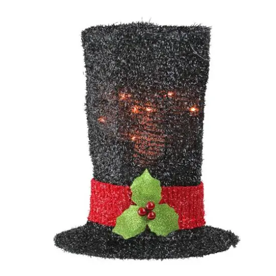 9" Lighted Black Tinsel Snowman Top Hat Christmas Tree Topper, Clear Lights {4}
