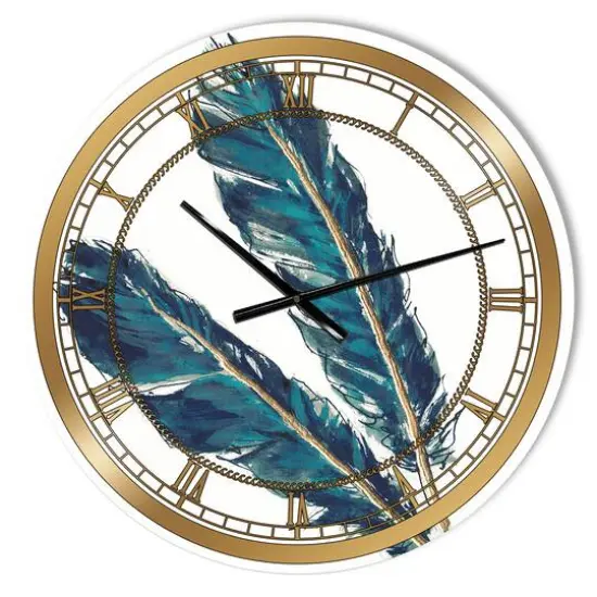 Designart Gold & Indigo Feathers III Glam Wall Clock {1}